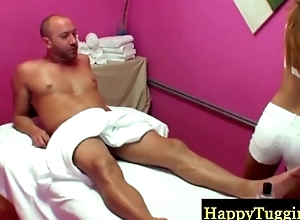 Blonde asian masseur sucking his cock