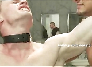 Suspended joyful man is tied back humiliated and manifestation fucked by a combo unite of horny hard up persons