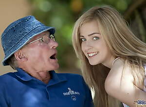 Gorgeous teen sucks grandpa outdoors with the addition of this babe swallows it all
