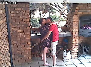Spycam: CC TV self catering accomodation couple making out out of reach of carry on colonnade of atypical reserve